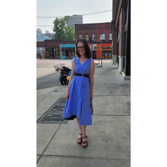 3.1 PHILLIP LIM Purple A-Line Sleeveless V-Neck Poplin Belted Midi Dress Size 4 - Picture 4 of 14